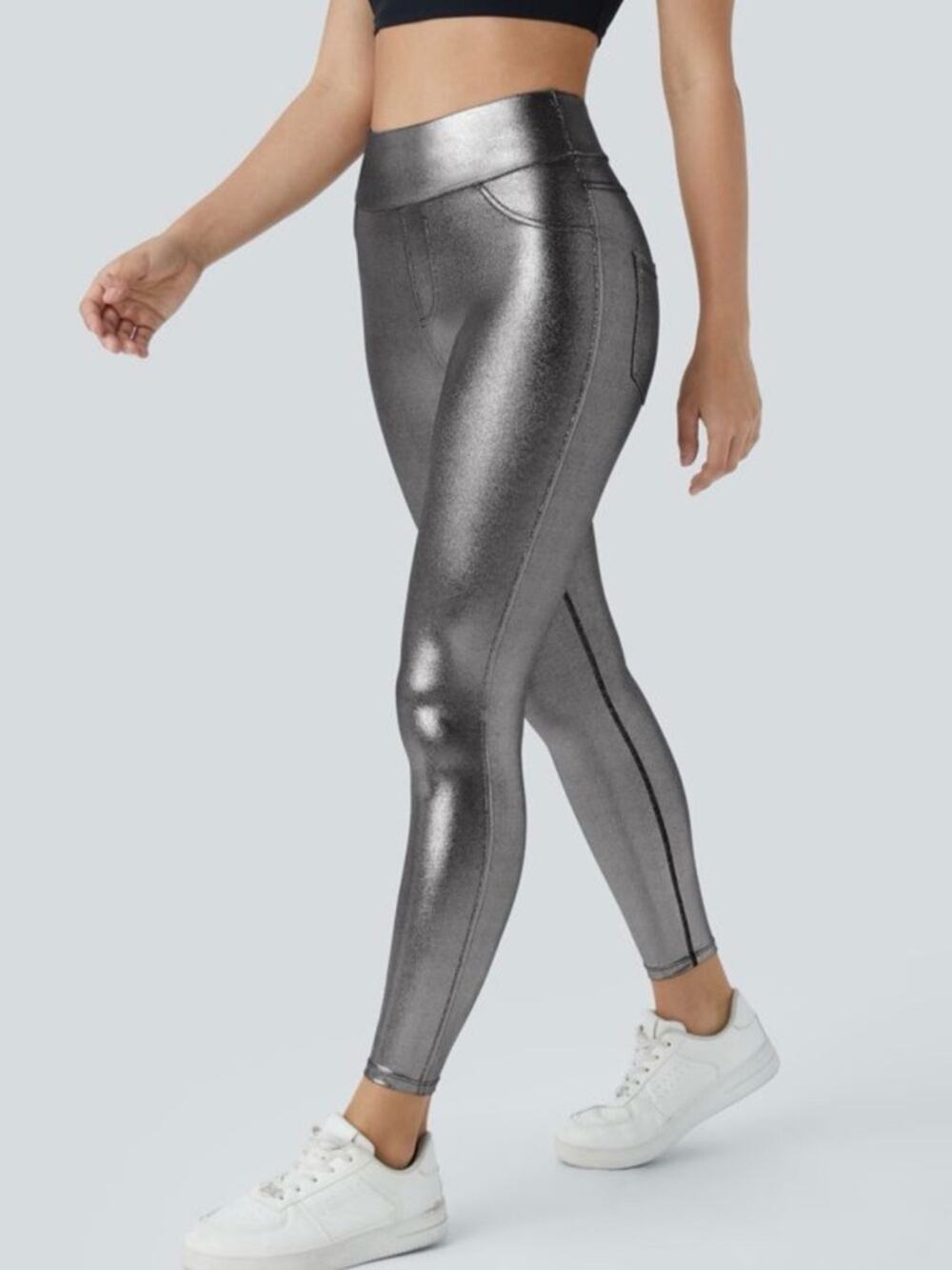 NWOT Halara Faux Leather High Waisted Pocket Work Leggings - Silver